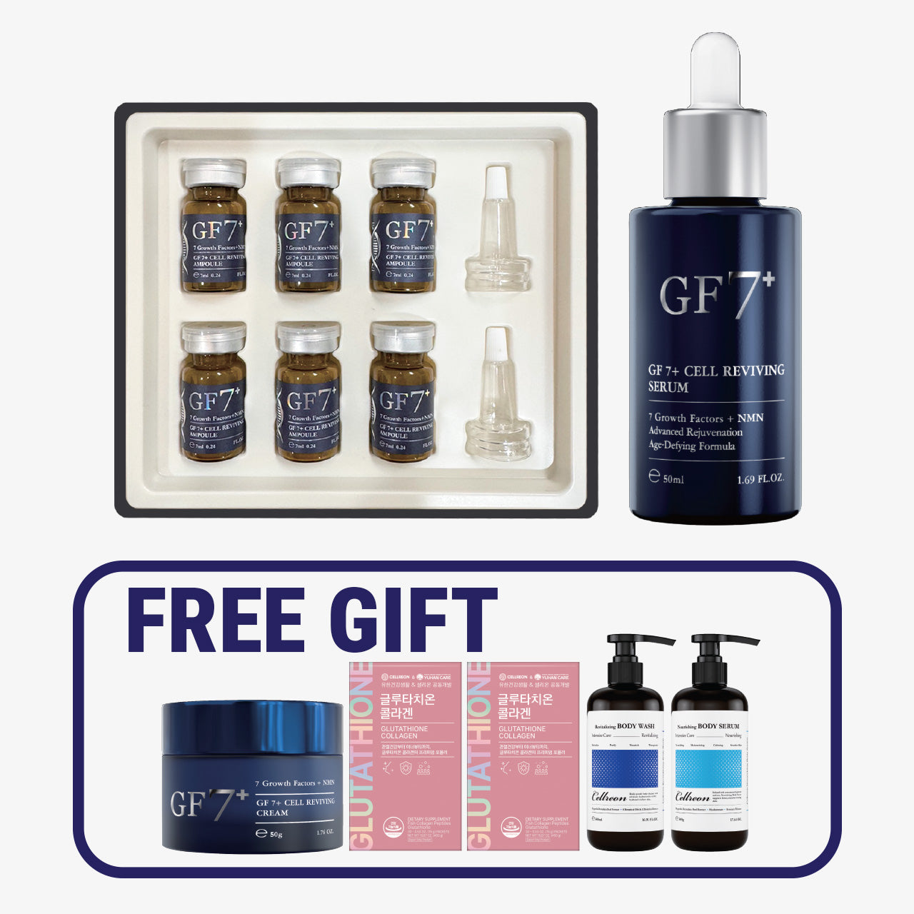 GF 7+ Cell Reviving AmpouleㆍSerum (GF 7+ CreamㆍGlutathione Collagen 2 boxesㆍBody WashㆍBody Serum FREE)